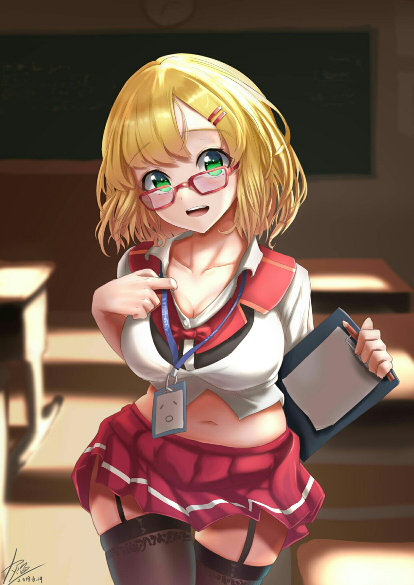 1girl, blonde_hair, blush, breasts, classroom, collarbone, eyebrows_visible_through_hair, glasses, greyfish13, hair_ornament, hairclip, highres, indoors, large_breasts, looking_at_viewer, midriff, navel, open_mouth, original, pencil, pleated_skirt, plump, red_skirt, school_uniform, shiny, shiny_hair, shirt, short_sleeves, skirt, solo, thigh-highs, thighs, uniform, walking, white_shirt, zettai_ryouiki