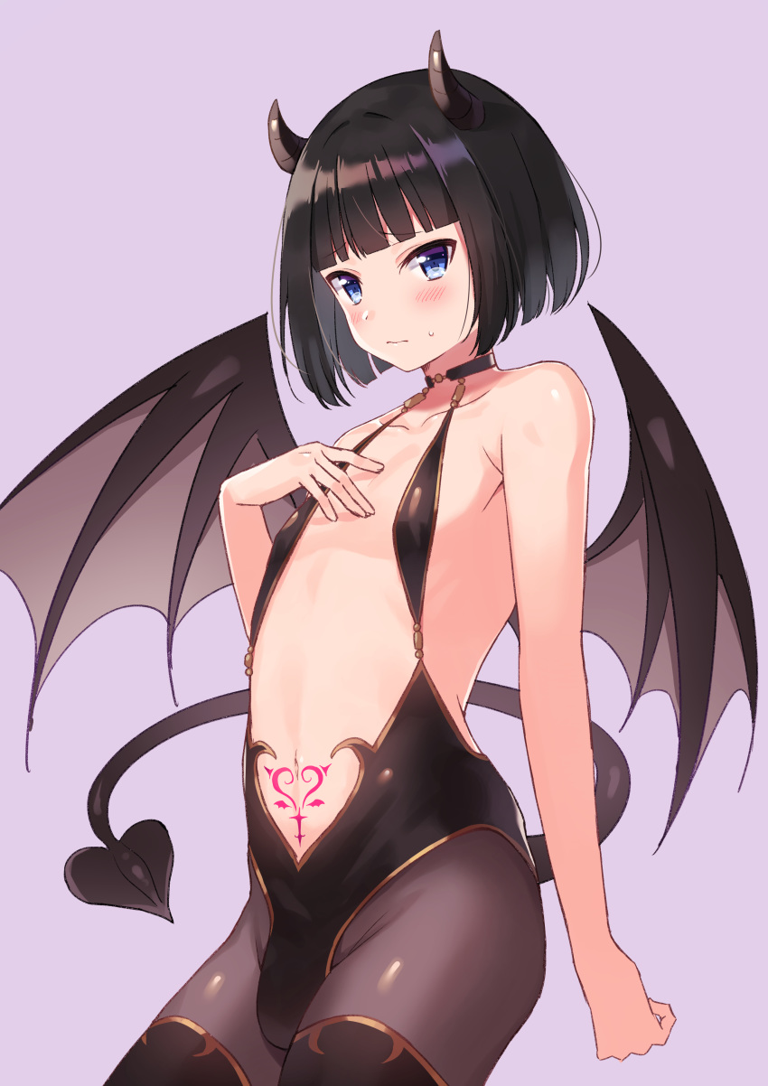 1boy, absurdres, bangs, black_hair, black_legwear, blue_eyes, blush, bob_cut, bulge, crossdressinging, demon_boy, demon_tail, demon_wings, highres, horns, idolmaster, idolmaster_side-m, kagura_rei, looking_at_viewer, navel, otoko_no_ko, pantyhose, rayuse, solo, sweatdrop, tail, tattoo, wings