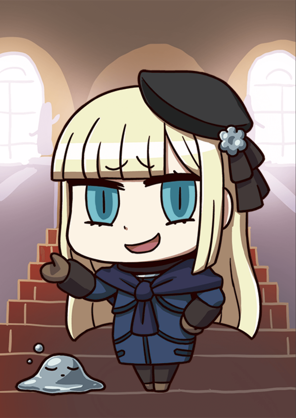 1girl, april_fools, aqua_hair, black_headwear, blonde_hair, brown_gloves, bubble_slime, chibi