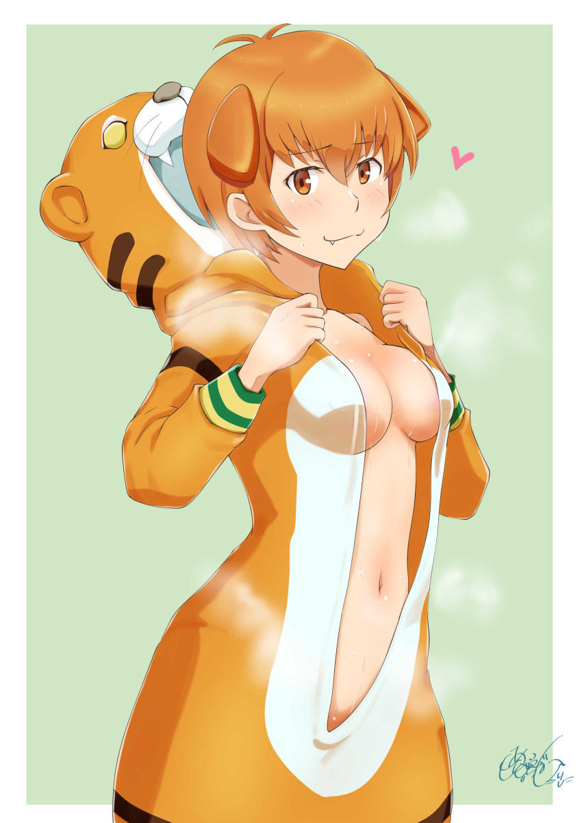 1girl, absurdres, animegao, blush, border, breasts, breasts_apart, brown_eyes