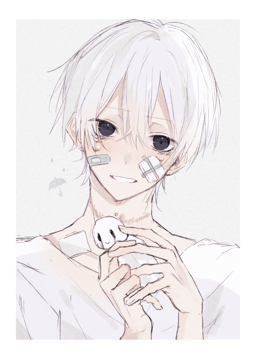 1boy, absurdres, black_eyes, border, eyebrows_visible_through_hair, grin, hair_between_eyes, head_tilt