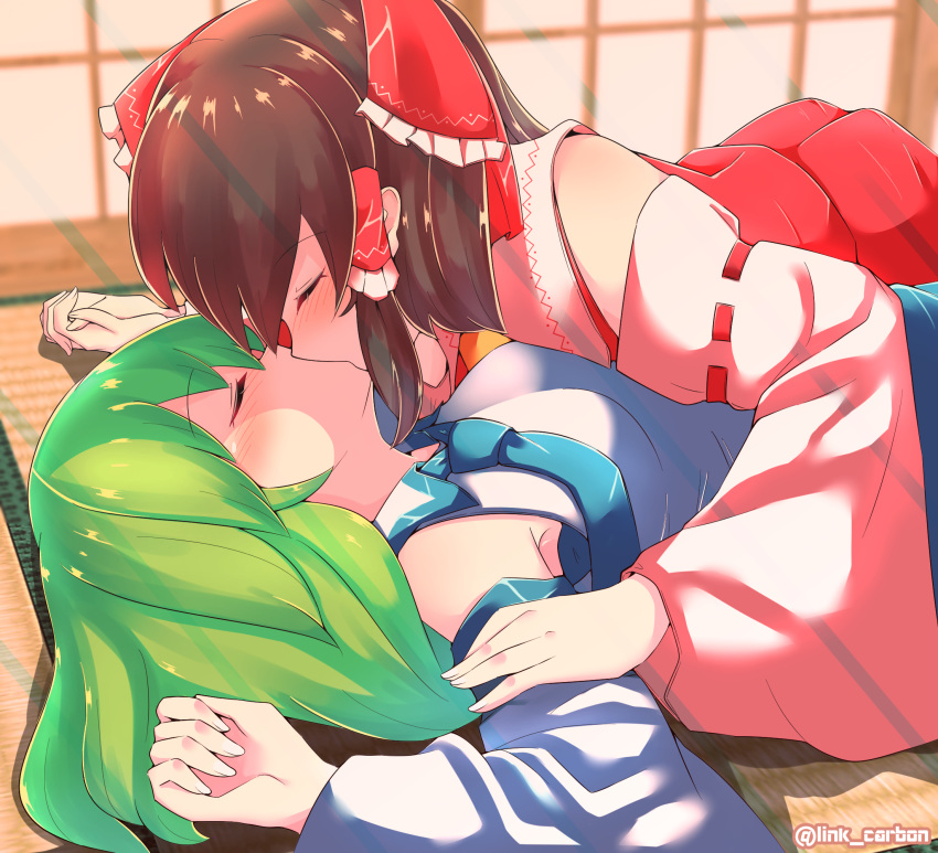 2girls, blush, bow, brown_hair, closed_eyes, commentary_request, detached_sleeves, eyebrows_visible_through_hair