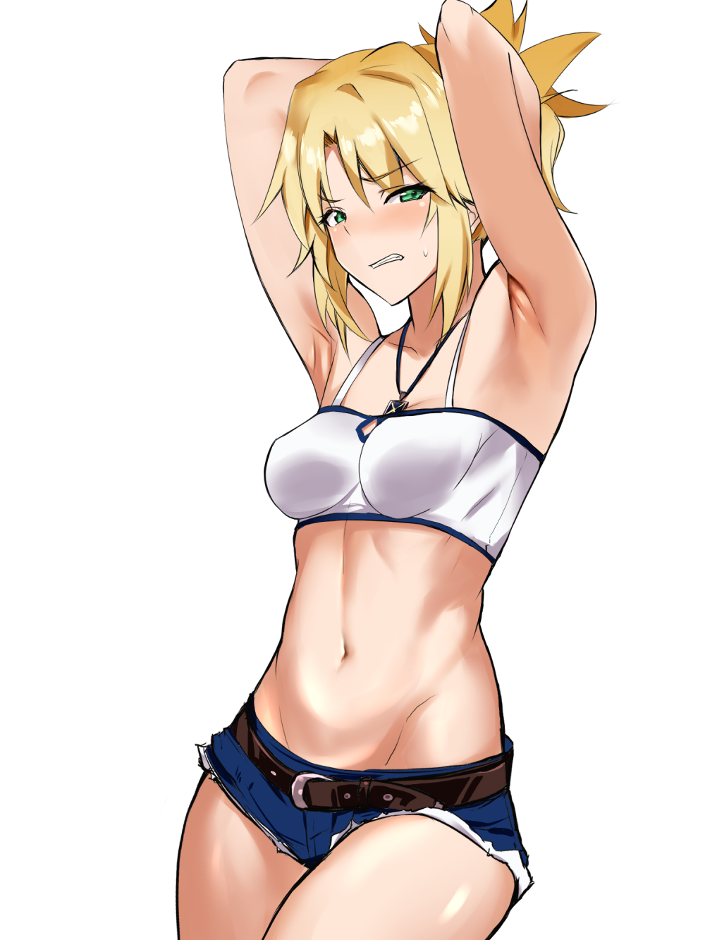 1girl, akire_zz, armpits, arms_behind_head, arms_up, bandeau, bangs, bare_shoulders, belt, blonde_hair, blue_shorts, blush, breasts, clenched_teeth, collarbone, cowboy_shot, cutoffs, denim, denim_shorts, fate/apocrypha, fate_(series), green_eyes, highres, long_hair, looking_at_viewer, medium_breasts, midriff, mordred_(fate), mordred_(fate)_(all), navel, parted_bangs, ponytail, red_scrunchie, scrunchie, short_shorts, shorts, sidelocks, simple_background, solo, teeth, thighs, white_background
