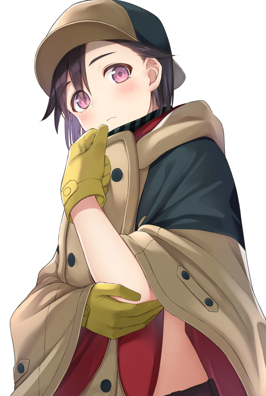 1girl, bangs, blush, brown_headwear, cloak, closed_mouth, commentary, from_below