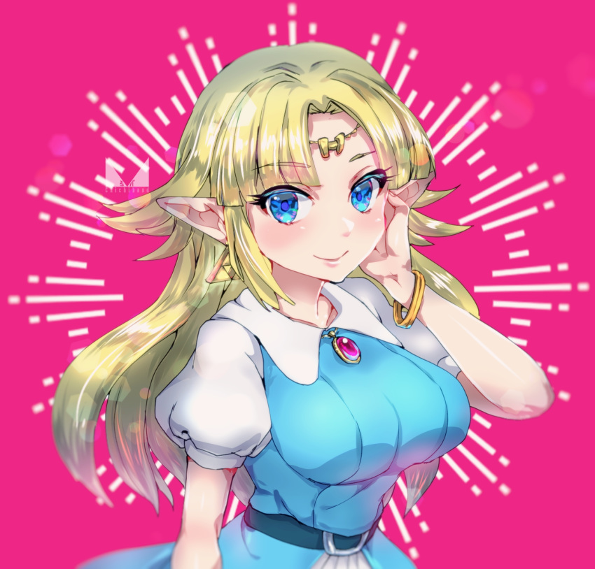 1girl, bangle, bangs, belt, belt_buckle, blonde_hair, blue_dress, blue_eyes