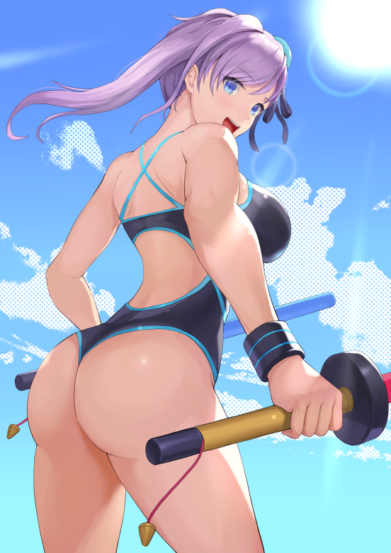 1girl, :d, ass, bangs, bare_arms, bare_shoulders, black_ribbon, black_swimsuit