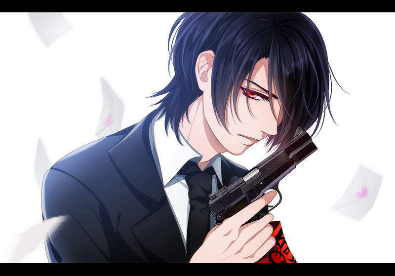 1boy, armband, bangs, black_hair, gugure!_kokkuri-san, gun, handgun, holding