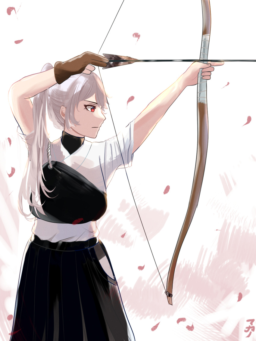 1girl, archery, arrow, black_skirt, black_undershirt, bow_(weapon), cherry_blossoms, fate/grand_order