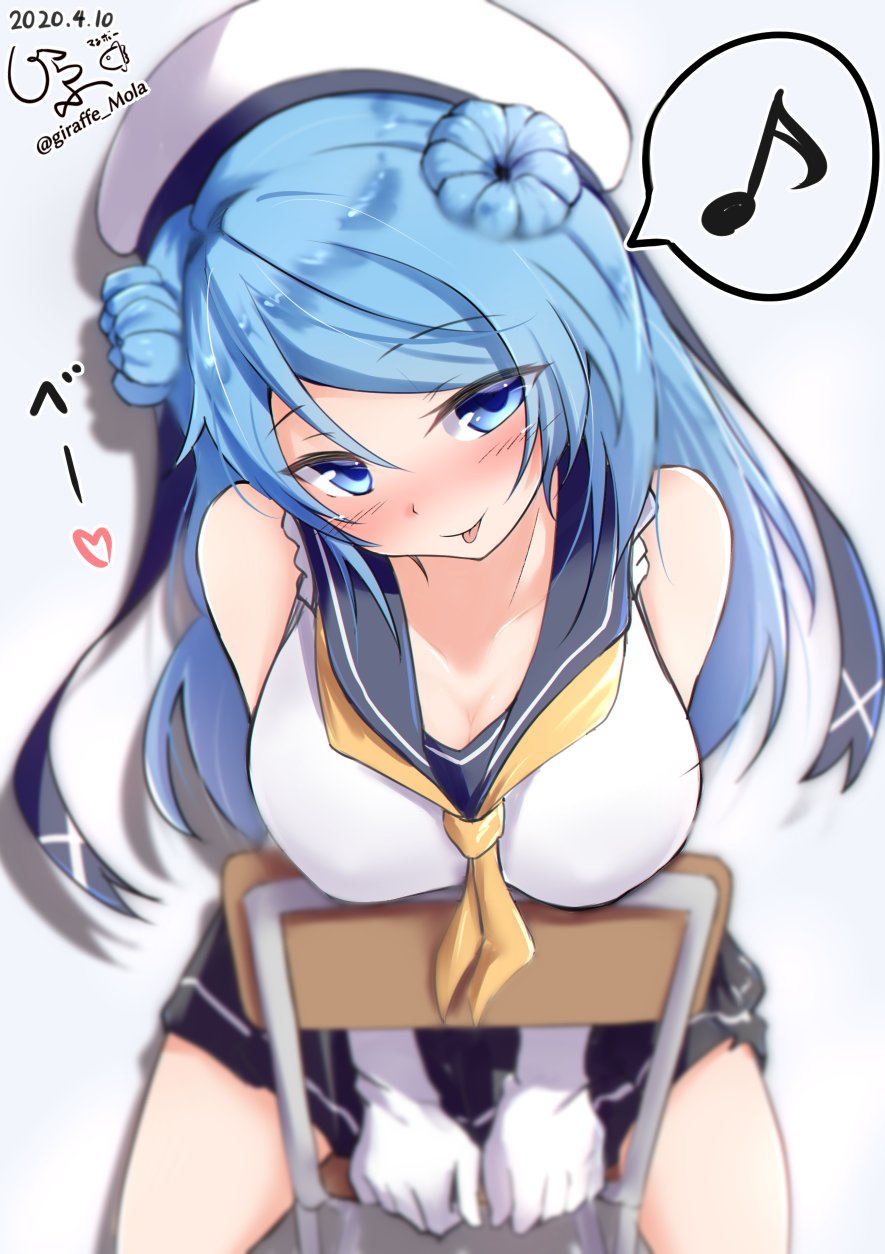 1girl, blue_eyes, blue_hair, blue_sailor_collar, blue_serafuku, blush, breasts, commentary_request