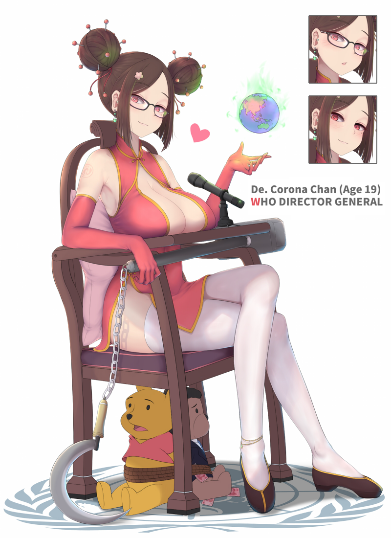 1girl, armchair, bangs, bare_shoulders, black-framed_eyewear, bound, breast_rest, breasts