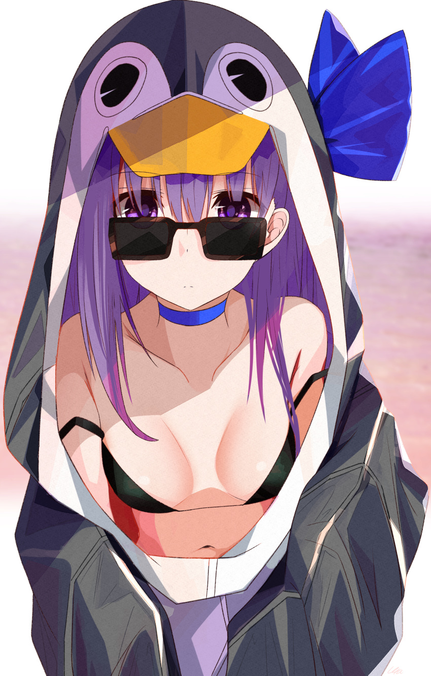 1girl, absurdres, animal_hood, bangs, bare_shoulders, bikini, black_bikini, black_jacket