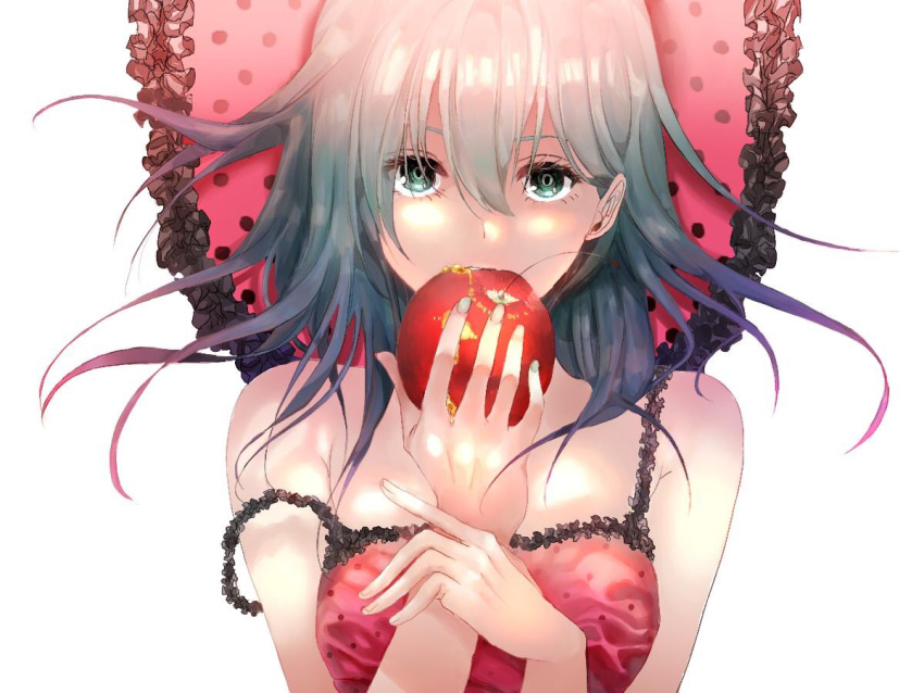 1girl, anzu_(akap1), apple, aqua_eyes, aqua_hair, bare_shoulders, biting, bloom
