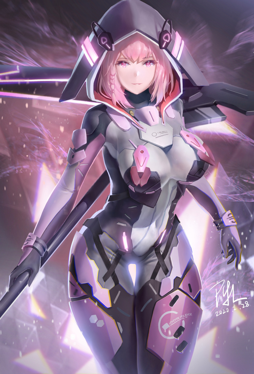 1girl, absurdres, armor, artist_name, bodysuit, braid, breasts, covered_navel