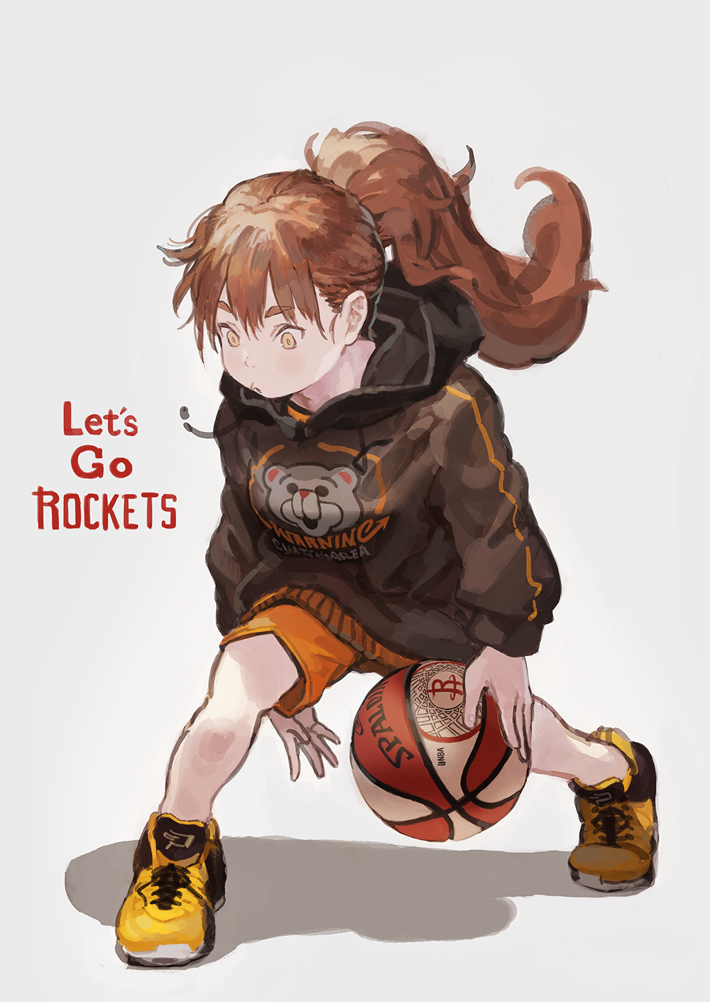 1girl, ball, basketball, black_hoodie, brown_hair, burari, commentary, commentary_request