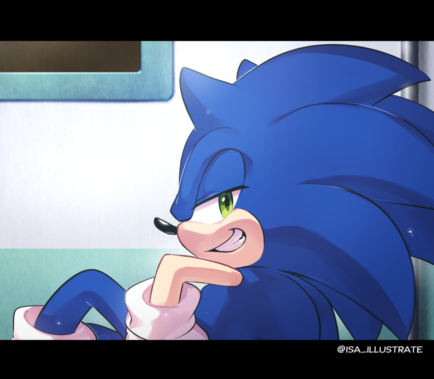 1boy, animal_ears, blue_fur, derivative_work, gloves, green_eyes, grin, half-closed_eyes