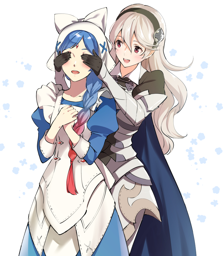 2girls, apron, armor, black_gloves, black_hairband, blue_cape, blue_hair, braid