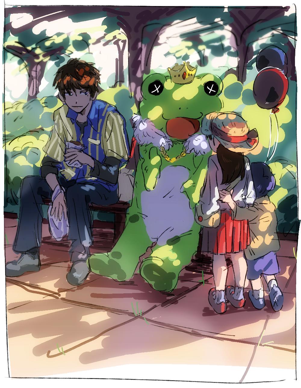 1girl, 3boys, balloon, bench, brown_hair, child, crown, dappled_sunlight, employee_uniform, hat, highres, idolmaster, idolmaster_side-m, looking_at_another, mascot_costume, multiple_boys, oingtngt, outstretched_hand, pierre_(idolmaster), red_skirt, shirt, sitting, skirt, striped, striped_shirt, sun_hat, sunlight, takajou_kyouji, uniform