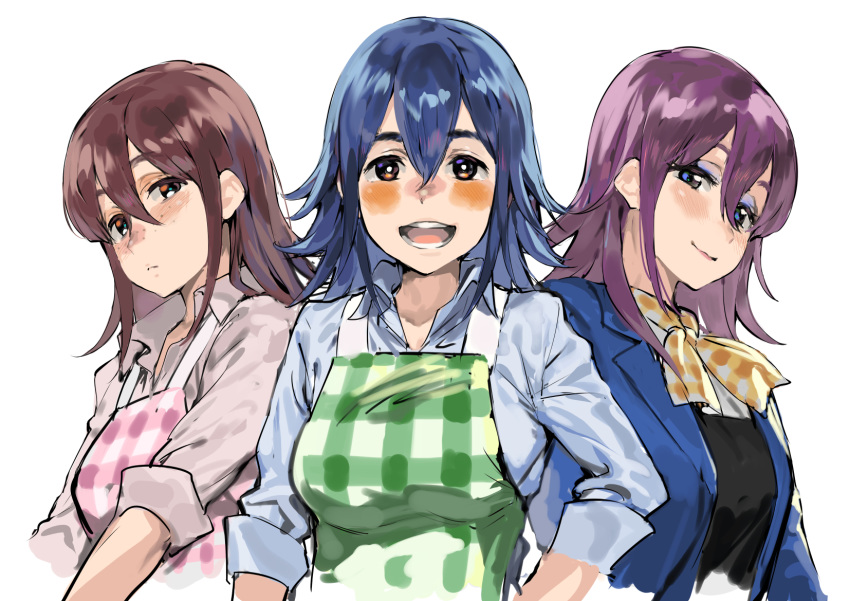 3girls, apron, asami_(doubutsu_no_mori), bangs, blue_eyes, blue_hair, blush, breasts
