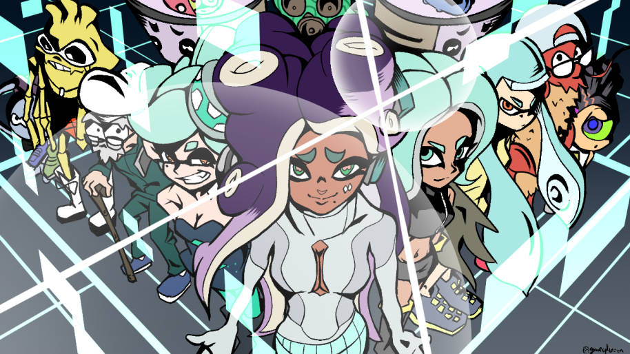 4boys, 4girls, aqua_eyes, aqua_hair, beard, bodysuit, cleavage_cutout, commander_atarime