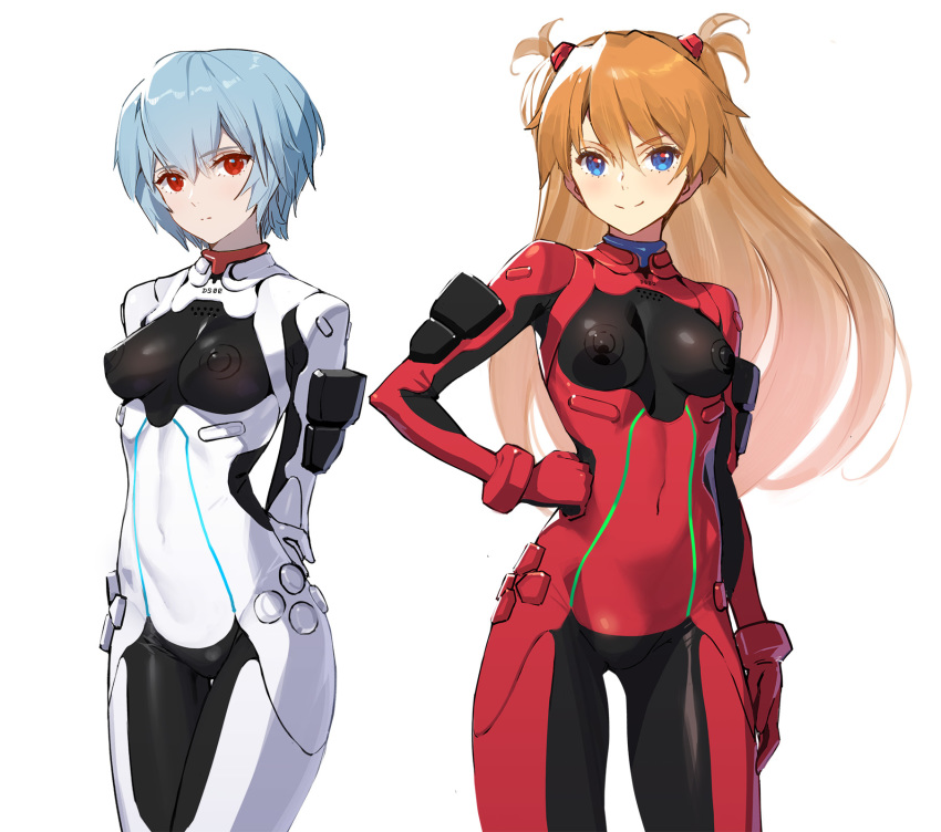 2girls, arms_behind_back, ayanami_rei, blue_eyes, blue_hair, commentary_request, controller, dualsense