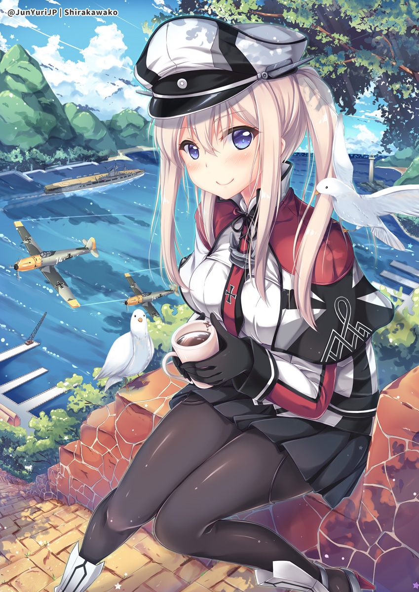 1girl, aircraft, aircraft_carrier, airplane, anchor, bangs, bf_109, bird, black_gloves, black_legwear, black_skirt, capelet, celtic_knot, clouds, coffee, coffee_mug, cup, day, dock, gloves, graf_zeppelin_(aircraft_carrier), graf_zeppelin_(kantai_collection), hair_between_eyes, hands_together, hat, highres, holding, holding_cup, horizon, iron_cross, kantai_collection, knees_together_feet_apart, light_brown_hair, long_hair, long_sleeves, looking_at_viewer, military, military_hat, military_uniform, military_vehicle, miniskirt, mountain, mug, necktie, ocean, on_wall, outdoors, pantyhose, path, peaked_cap, pier, pleated_skirt, road, seagull, ship, sidelocks, sitting, skirt, sky, smile, solo, tree, twintails, uniform, warship, watercraft, yuriko