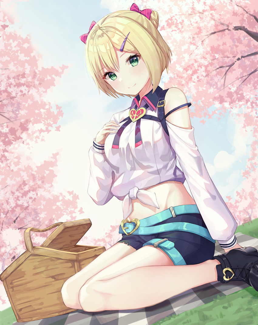 1girl, absurdres, bangs, bare_legs, bare_shoulders, belt, black_footwear, blonde_hair
