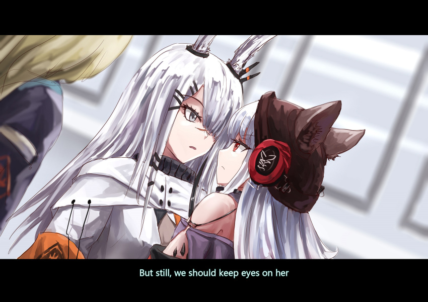 3girls, animal_ears, arknights, blonde_hair, chinese_commentary, cishi_nianshao, desk_lamp, doctor_(arknights)