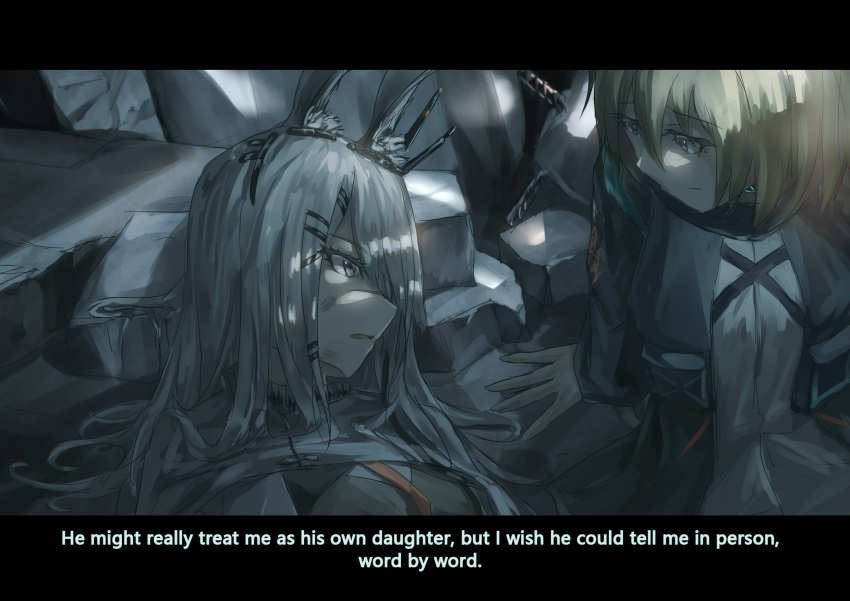 2girls, animal_ears, arknights, blonde_hair, chinese_commentary, cishi_nianshao, doctor_(arknights), english_text