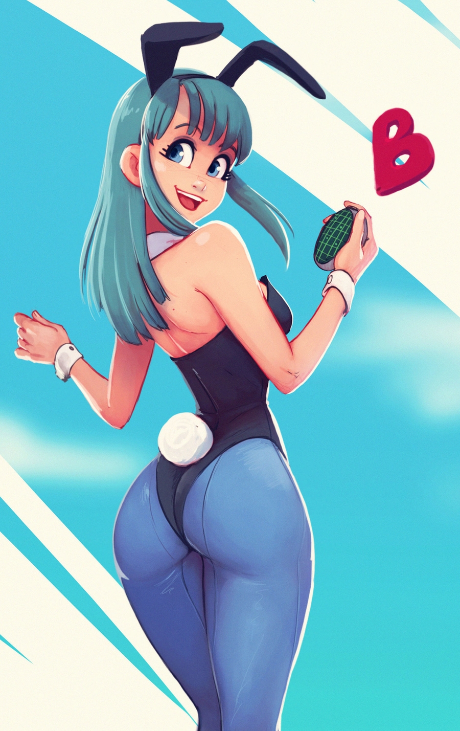 1girl, animal_ears, ass, bangs, bare_shoulders, black_leotard, blue_eyes, blue_hair