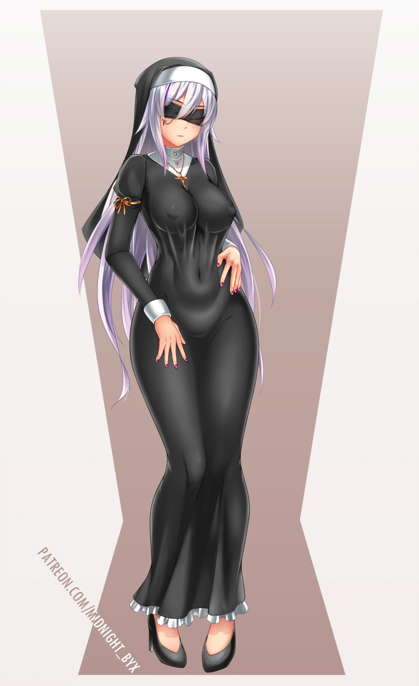 1girl, black_blindfold, blindfold, breasts, catholic, covered_eyes, covered_navel, covered_nipples, cross, cross_necklace, cross_tattoo, dress, full_body, habit, high_heels, highres, impossible_clothes, impossible_dress, jewelry, large_breasts, latin_cross, long_hair, midnight_(banyex), mole, mole_under_mouth, necklace, nun, original, robe, silver_hair, solo, taut_clothes, taut_dress, veil
