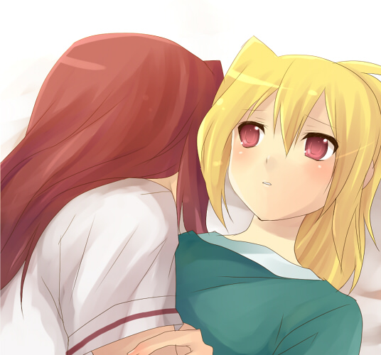 bamboo_blade, blonde_hair, blush, chiba_kirino, girl_on_top, hijikini, kuwahara_sayako, lying