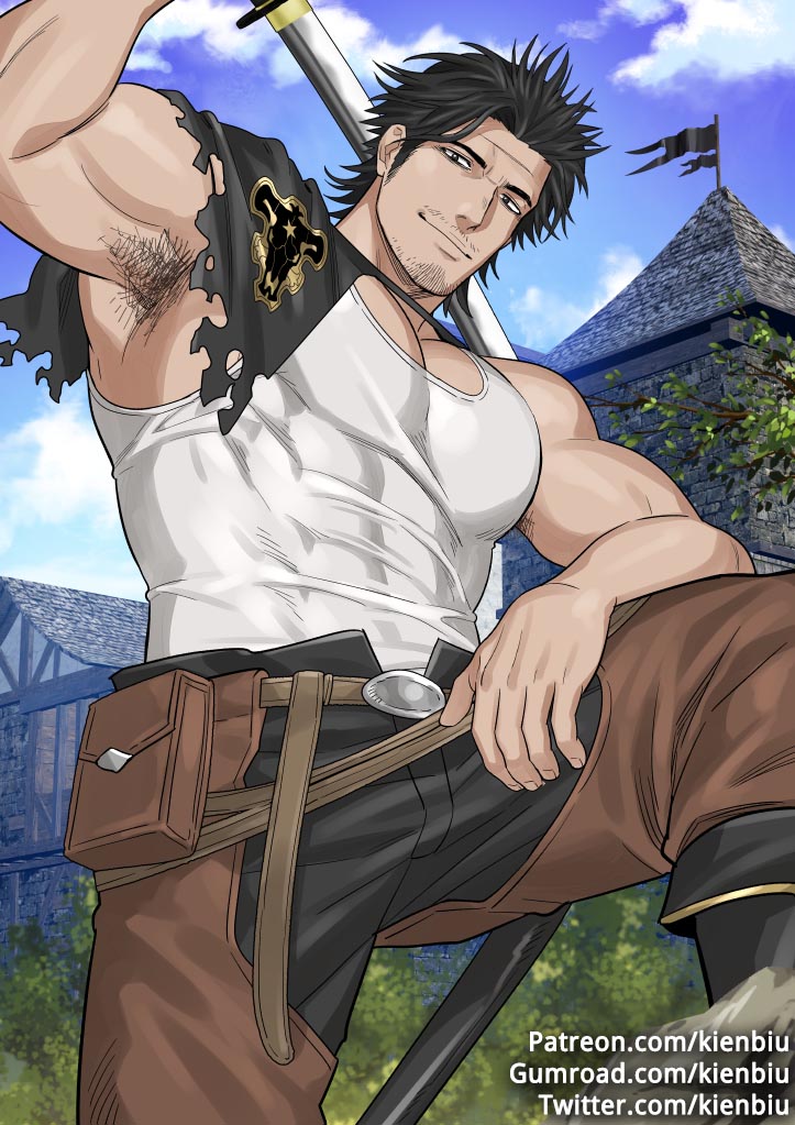 1boy, abs, arm_up, armpit_hair, armpits, bara, beard, belt