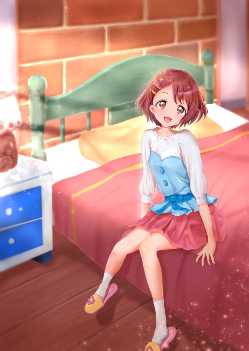 1girl, :d, absurdres, bed, bed_sheet, flower, hair_flower, hair_ornament