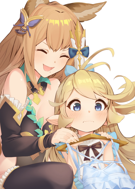 2girls, :d, ^_^, animal_ears, bangs, black_legwear, black_sleeves, blonde_hair