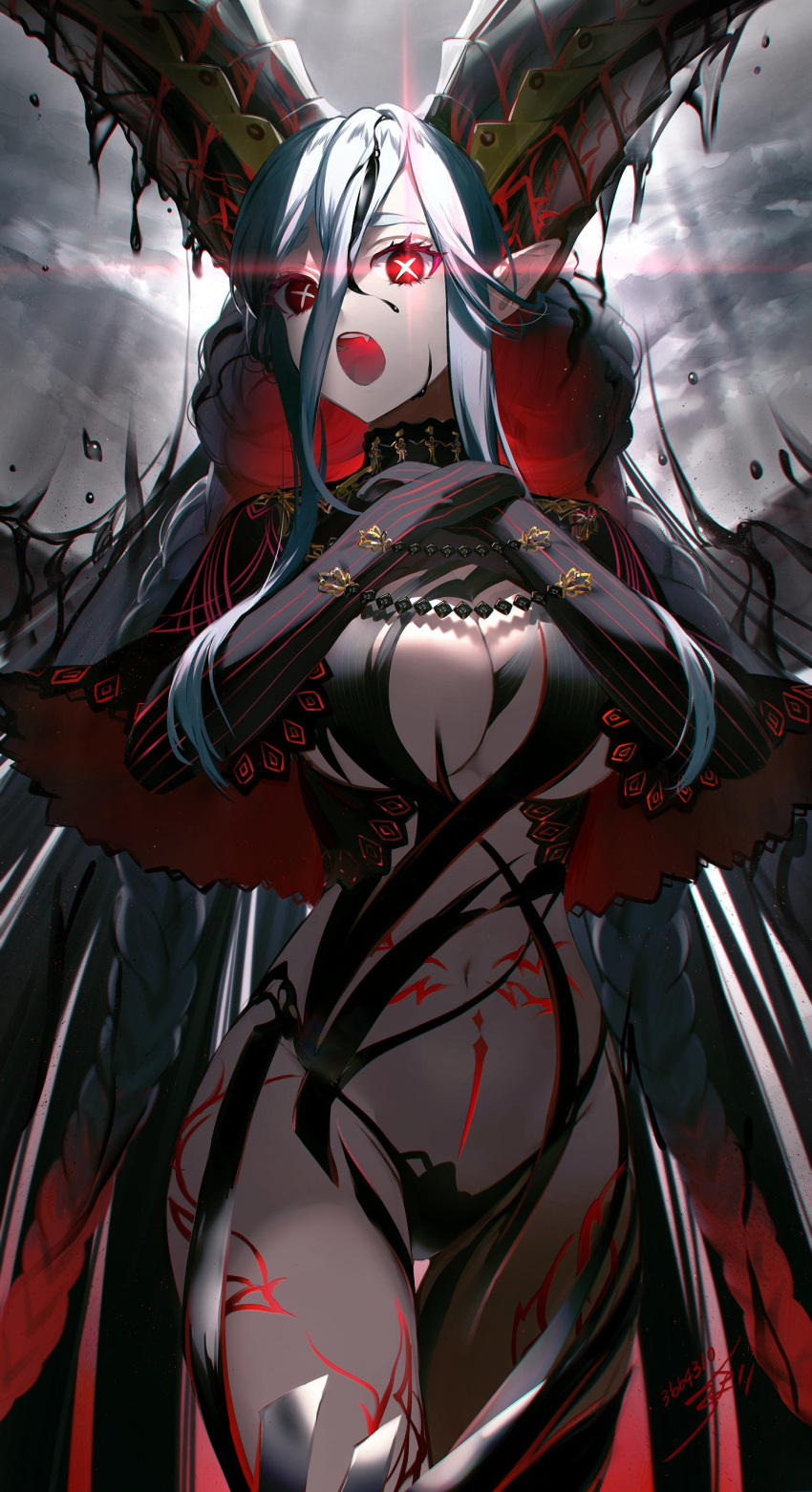 +_+, 1girl, absurdres, arms_around_neck, braid, curled_horns, demon_girl, fate/grand_order