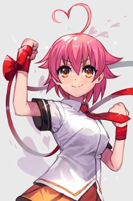 1girl, ahoge, aino_heart, arcana_heart, closed_mouth, collared_shirt, cowboy_shot, eyebrows_visible_through_hair