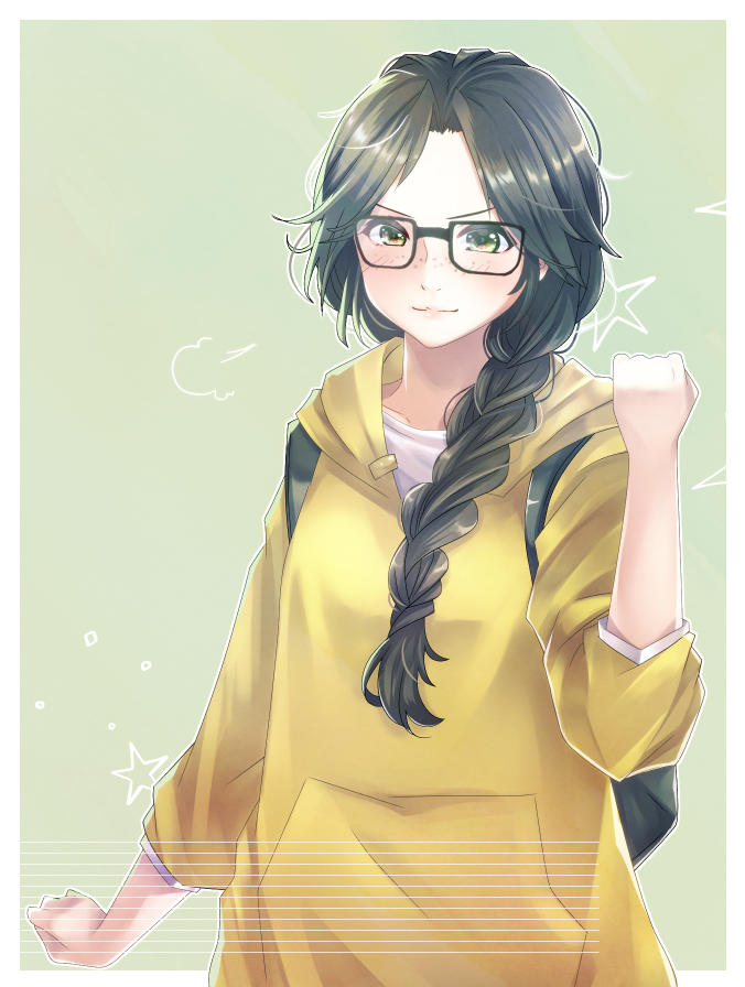 bag, blush, braid, brown_hair, freckles, green_background, green_eyes, hood