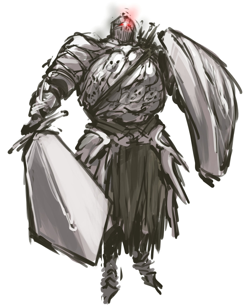 armor, dark_souls_ii, full_armor, glowing, glowing_eyes, highres, holding, holding_shield, holding_sword, holding_weapon, knight, looking_at_viewer, nameo_(judgemasterkou), no_humans, pursuer_(dark_souls), shield, simple_background, solo, souls_(from_software), sword, weapon, white_background