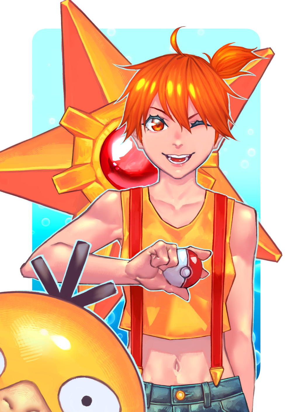 1girl, ;d, ahoge, arm_at_side, bare_arms, bare_shoulders, behind_another, buttons, collarbone, denim, gen_1_pokemon, golduck, gym_leader, hair_between_eyes, hand_up, highres, holding, holding_poke_ball, kashina, kasumi_(pokemon), midriff, navel, one_eye_closed, open_mouth, orange_eyes, orange_hair, poke_ball, poke_ball_(generic), pokemon, pokemon_(anime), pokemon_(classic_anime), pokemon_(creature), shirt, short_hair, side_ponytail, sleeveless, sleeveless_shirt, smile, starmie, stomach, suspenders, upper_body, yellow_shirt