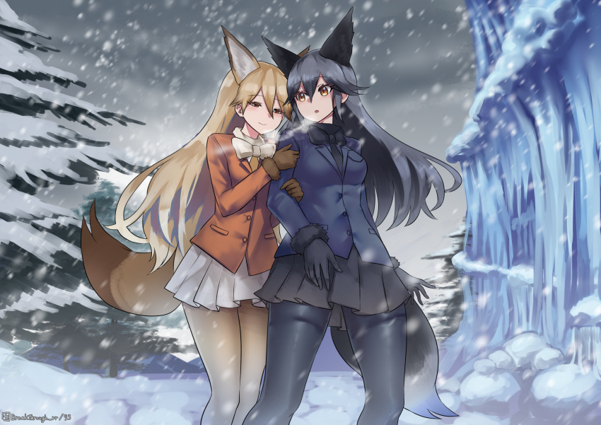 2girls, animal_ears, black_gloves, black_legwear, black_skirt, blue_jacket, breast_pocket, breasts
