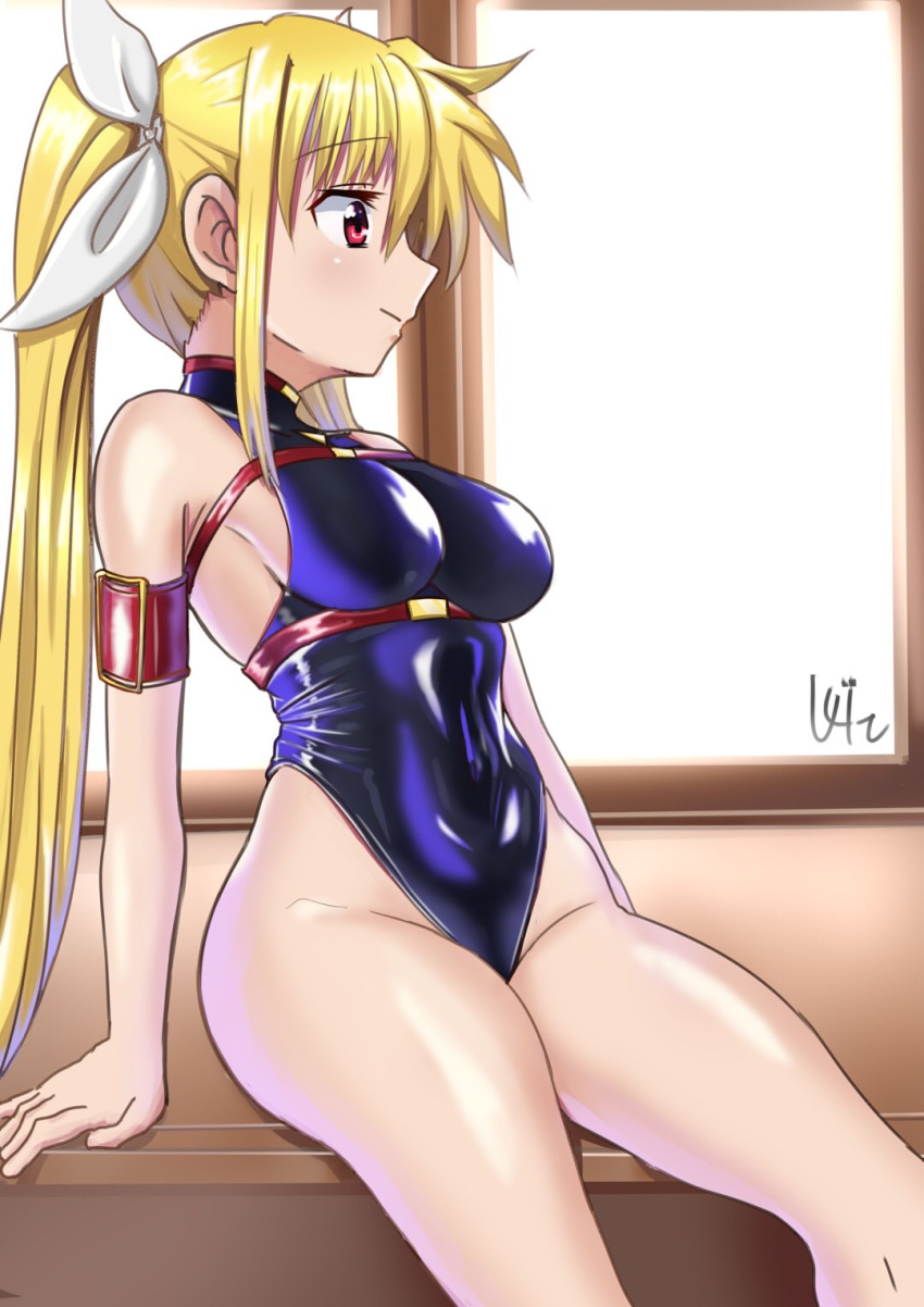 1girl, armband, black_leotard, blonde_hair, breasts, cowboy_shot, fate_testarossa, highleg, highleg_leotard, highres, izumino_yousei, leotard, long_hair, lyrical_nanoha, red_eyes, shiny, shiny_clothes, signature, sitting, small_breasts, solo, twintails, window