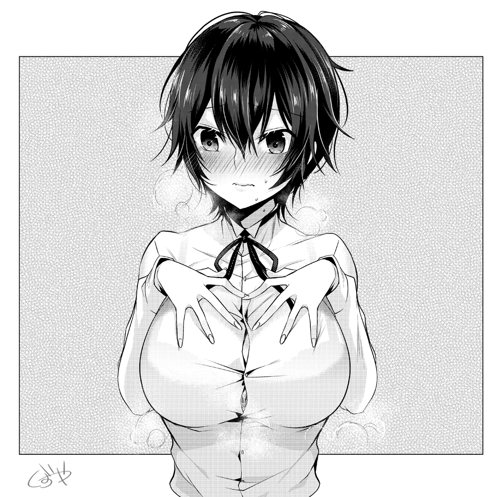 1girl, blush, breasts, chikage_(blackclownery), eyebrows_visible_through_hair, hair_between_eyes, large_breasts, monochrome