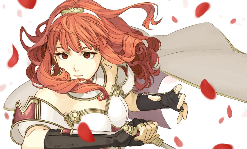 bare_shoulders, cape, celica_(fire_emblem), earrings, fingerless_gloves, fire_emblem, fire_emblem_echoes:_shadows_of_valentia, gloves