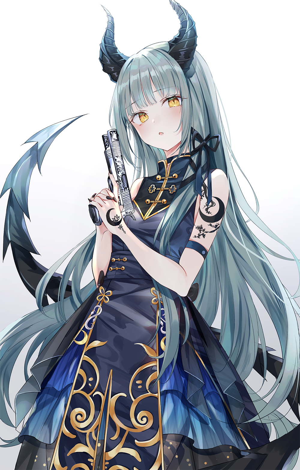 1girl, :o, arm_strap, arm_tattoo, bangs, bare_shoulders, black_dress, black_ribbon, blunt_bangs, blush, commentary_request, crescent_tattoo, dress, eyebrows_visible_through_hair, gun, hair_ribbon, hand_tattoo, highres, holding, holding_gun, holding_weapon, horns, layered_dress, long_hair, looking_at_viewer, nabi_(uz02), original, parted_lips, ribbon, silver_hair, sleeveless, sleeveless_dress, solo, straight_hair, tail, tattoo, trigger_discipline, very_long_hair, weapon, weapon_request, yellow_eyes