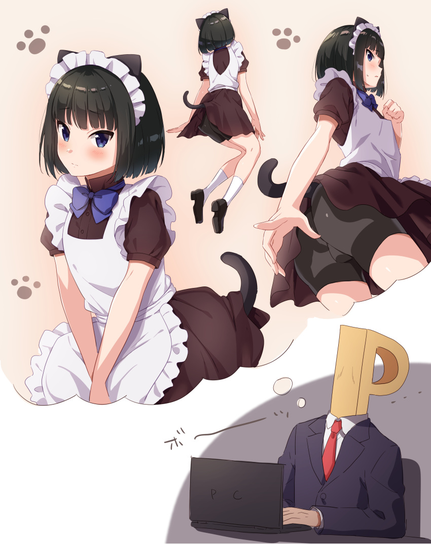 2boys, absurdres, animal_ears, bangs, bike_shorts, black_hair, blue_eyes, blush, bob_cut, bulge, cat_ears, cat_tail, computer, crossdressinging, dress, eyebrows_visible_through_hair, formal, highres, idolmaster, idolmaster_side-m, imagining, kagura_rei, laptop, loafers, looking_at_viewer, maid, multiple_boys, necktie, otoko_no_ko, p-head_producer, paw_print, producer_(idolmaster), rayuse, shoes, socks, suit, tail, white_legwear