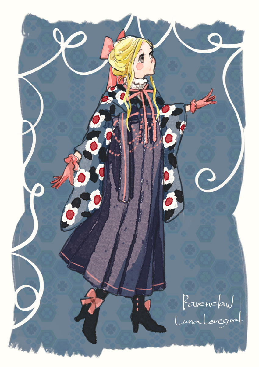 1girl, absurdres, alternate_costume, arm_at_side, black_footwear, blue_background, blush_stickers, boots