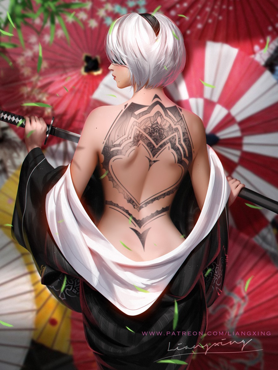 1girl, alternate_costume, back, back_tattoo, bare_shoulders, black_blindfold, black_hairband, black_kimono, blindfold, covered_eyes, english_commentary, falling_leaves, from_behind, hairband, headband, highres, holding, holding_sword, holding_weapon, japanese_clothes, katana, kimono, leaf, liang_xing, mole, mole_under_mouth, nier_(series), nier_automata, sheath, short_hair, silver_hair, sword, tattoo, wagasa, weapon, wide_sleeves, yorha_no._2_type_b