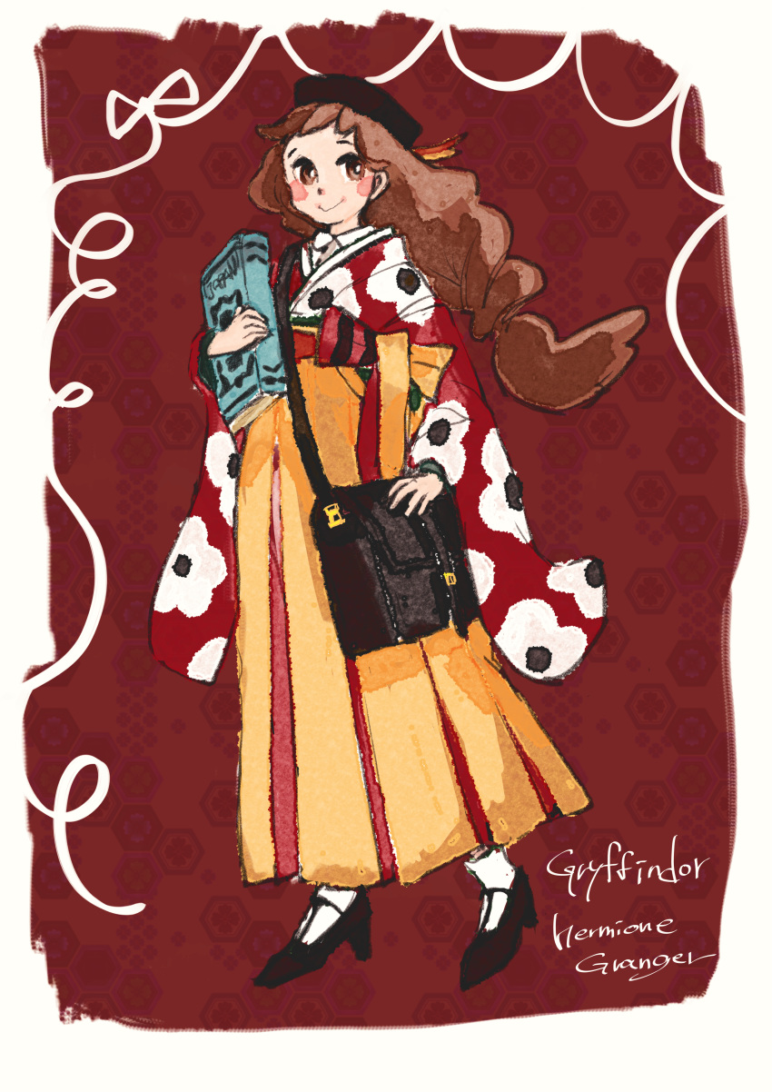 1girl, absurdres, alternate_costume, bag, bangs, black_footwear, blush_stickers, book, border, braid, braided_ponytail, brown_eyes, brown_hair, character_name, closed_mouth, collared_shirt, contemporary, floral_print, full_body, gryffindor, hakama, harry_potter, hat, hermione_granger, high_heels, highres, holding, holding_book, japanese_clothes, kimono, long_hair, looking_at_viewer, maru_(hardrock5150), meiji_schoolgirl_uniform, print_kimono, red_background, red_kimono, sash, satchel, shirt, shoulder_bag, single_braid, smile, socks, solo, standing, white_legwear, yellow_hakama
