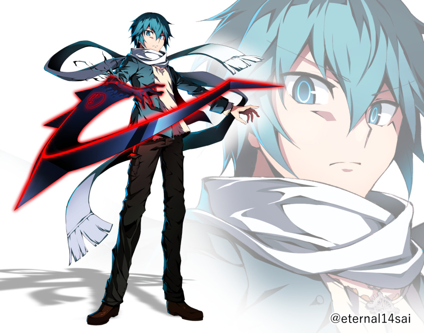 14sai14row, 1boy, arm_blade, artist_name, asymmetrical_arms, blue_eyes, blue_hair, bois_de_justice