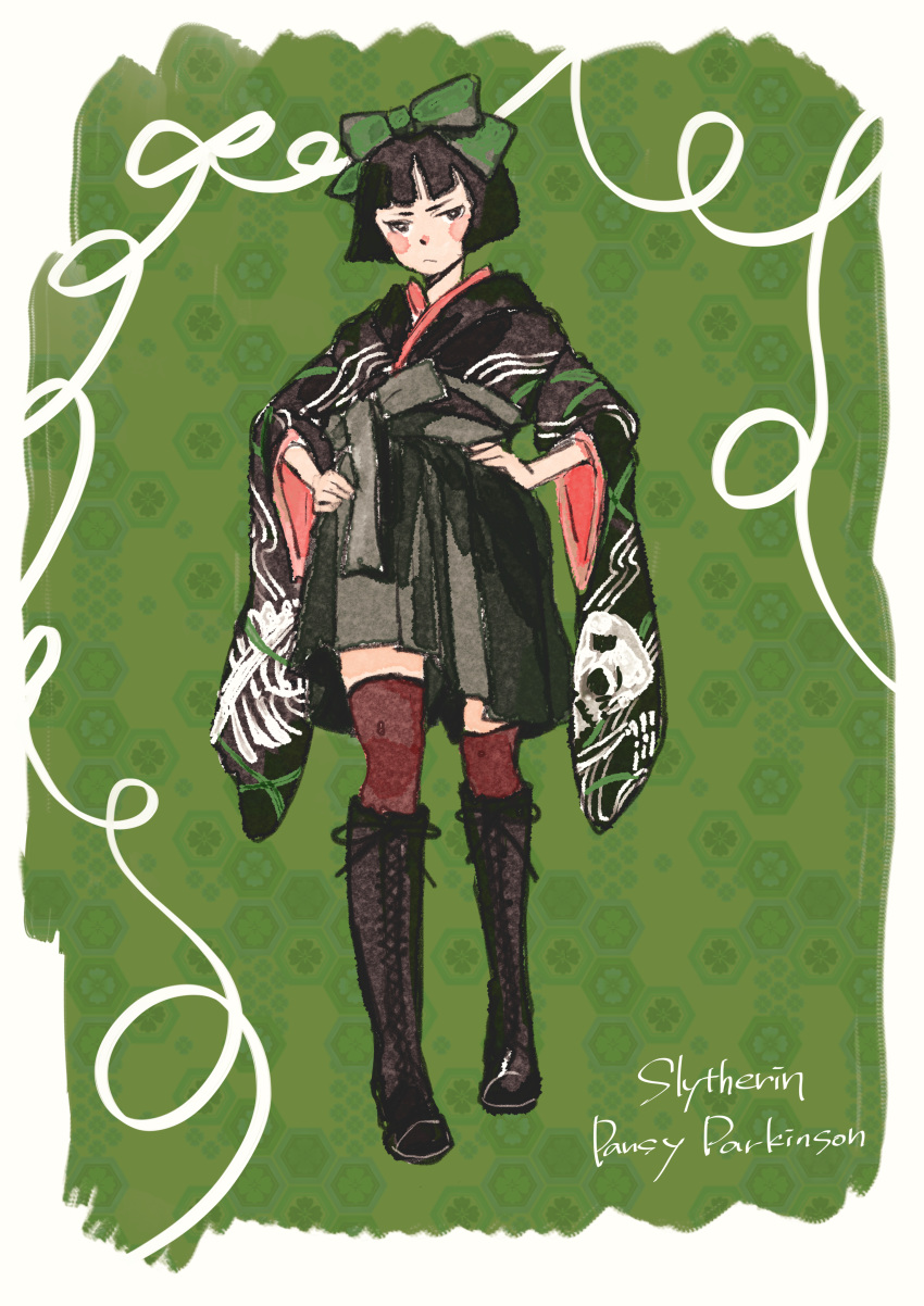1girl, absurdres, alternate_costume, bangs, black_footwear, black_hair, black_kimono, blunt_bangs